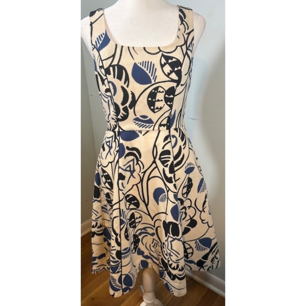 Vanessa Virginia Anthropologie Ink Set‎ Blooms Dress 4 Floral Cream Blue Garden